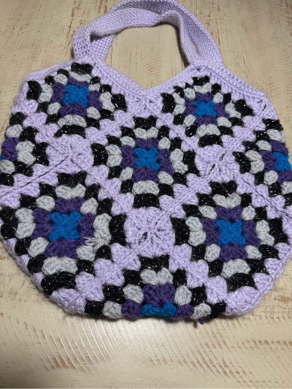Handmade Lavender Crochet Tote Bag with Multicolor Squares